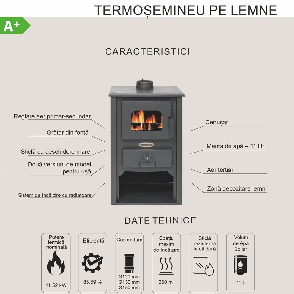 Termosemineu pe lemne cu manta de apa Termax Vulcan negru 11,52 kW [4]