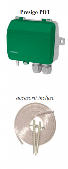 Traductor de presiune cu 2 Senzori Regin, 7 benzi selectabile cu DIP-switch Senzor 1: 0-50 0-100 0-300 0-500 0-700 0-1000 0-1250 Senzor 2: 0-1000 0-2000 0-3000 0-4000 0-5000 0-6000 0-7500 IP54 [1]