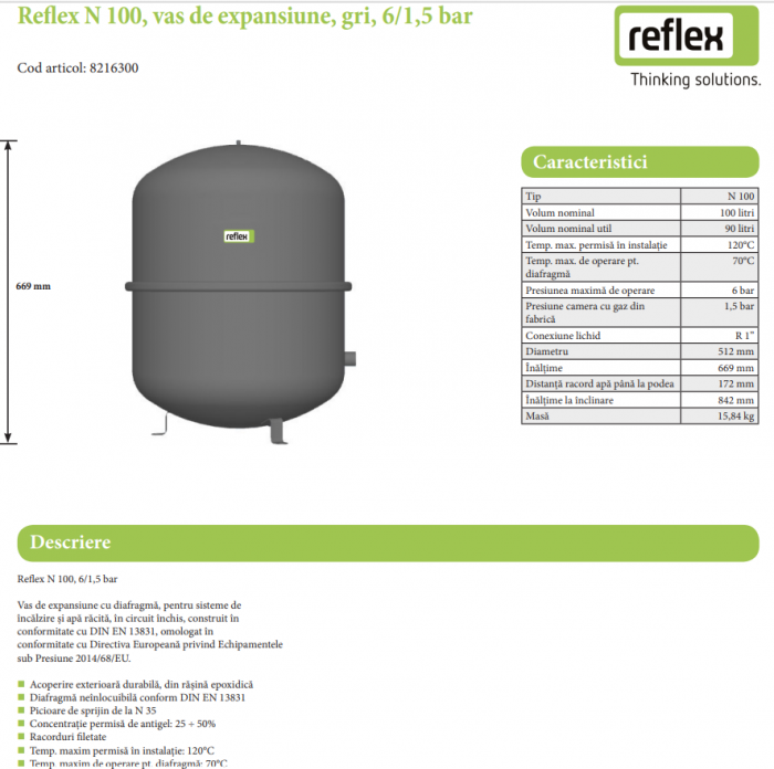 Vas expansiune vertical din otel cu diafragma, gri, incalzire racire 70˚C/6 bar, PN 6, Reflex N 100 - 100 litri [2]