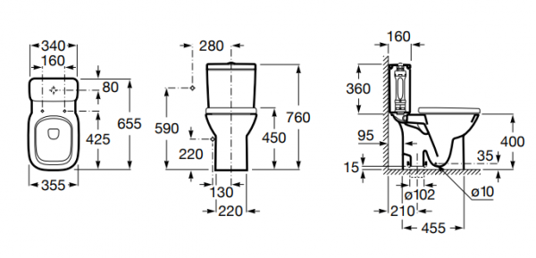Vas WC din portelan, evacuare verticala, 355 x 655 x 760 mm., Roca Debba [4]