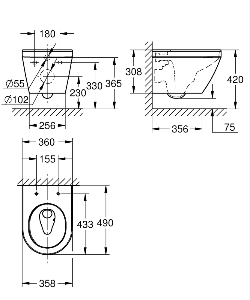 Vas WC Grohe Euro Ceramic WC de perete hung riml. compact, suspendat, pt rezervor incastrat, triple vortex, evacuare orizontala, Pure guard, compact, alb [3]
