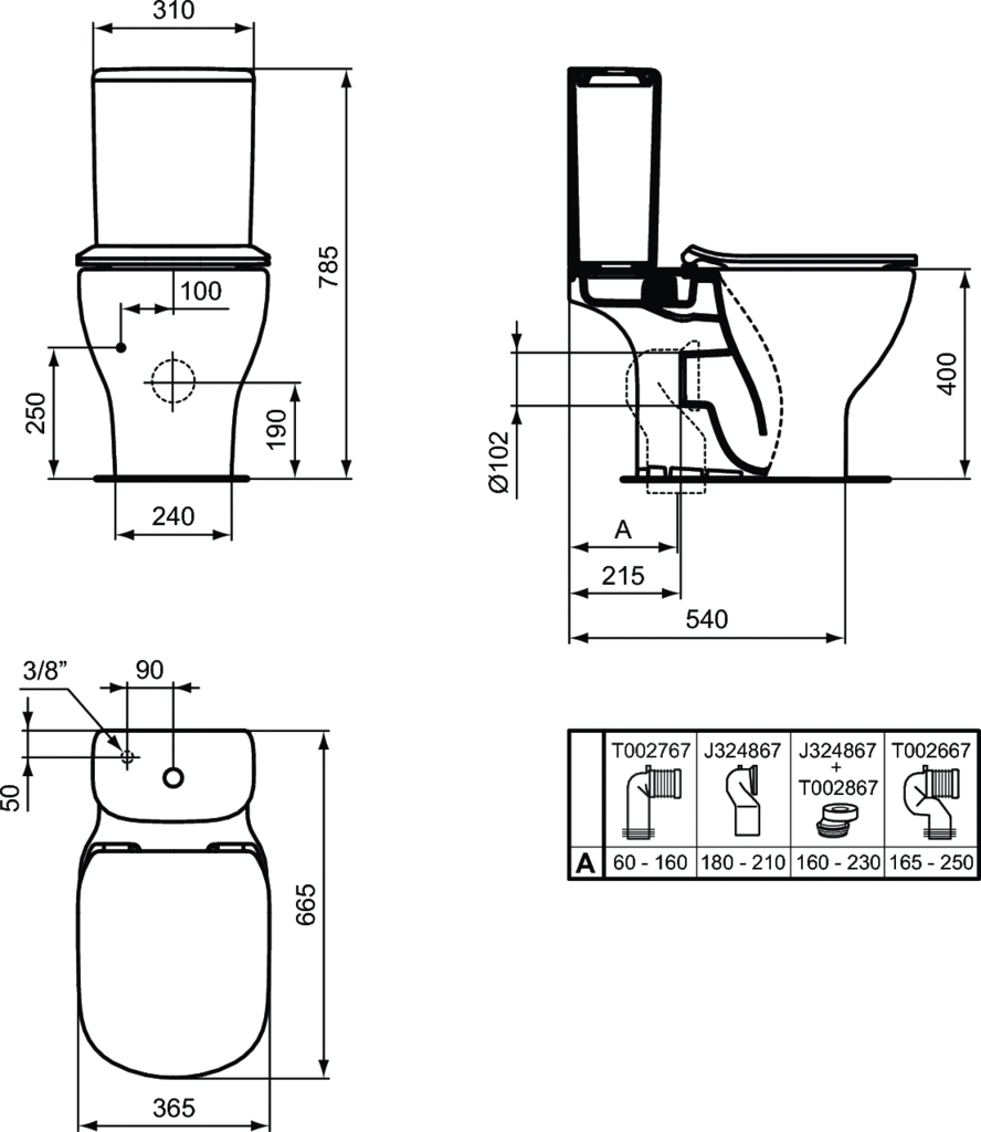 Vas WC stativ 365 x 665 mm Ideal Standard gama Tesi [2]