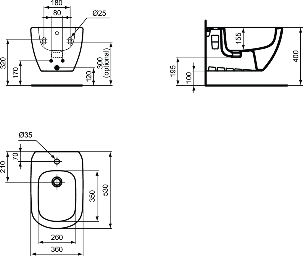 Bideu suspendat cu fixare complet ascunsa 360 x 530 mm Ideal Standard gama Tesi [3]