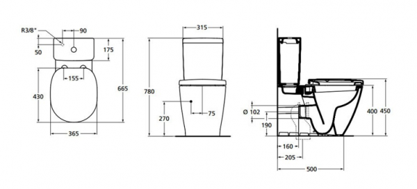 Vas WC stativ monobloc pentru combinare cu functie de bideu 365 x 665 mm Ideal Standard gama Connect [3]