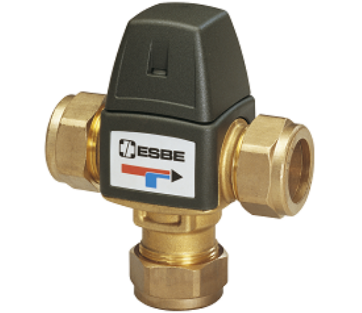 Ventil termostatic de amestec, cu fitinguri de compresie DN22mm pentru teava cupru, DN20, kvs1,5, reglare 20...43grdC, inclusiv o clapeta de sens pentru apa rece integrata in fiting [1]