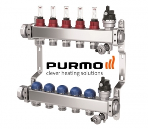 Incalzire in pardoseala - Distribuitor cu 5 circuite, cu debitmetre si ventile termostatice pentru servomotoare M30x1,5 PURMO seria Premium Line