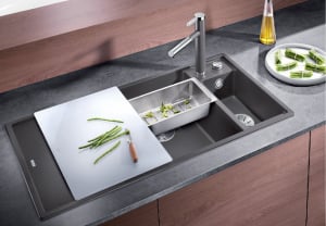 Chiuvete pentru bucatarie - Chiuveta compozit, gri piatra, cuva stanga, cu tocator sticla si cu excentric, Blanco Axia III 6 S