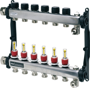 Distribuitoare cu debitmetre - Distribuitor TECEfloor SLQ RECTANGULAR otel inox, complet echipat 11 cai x 3/4" x 1"
