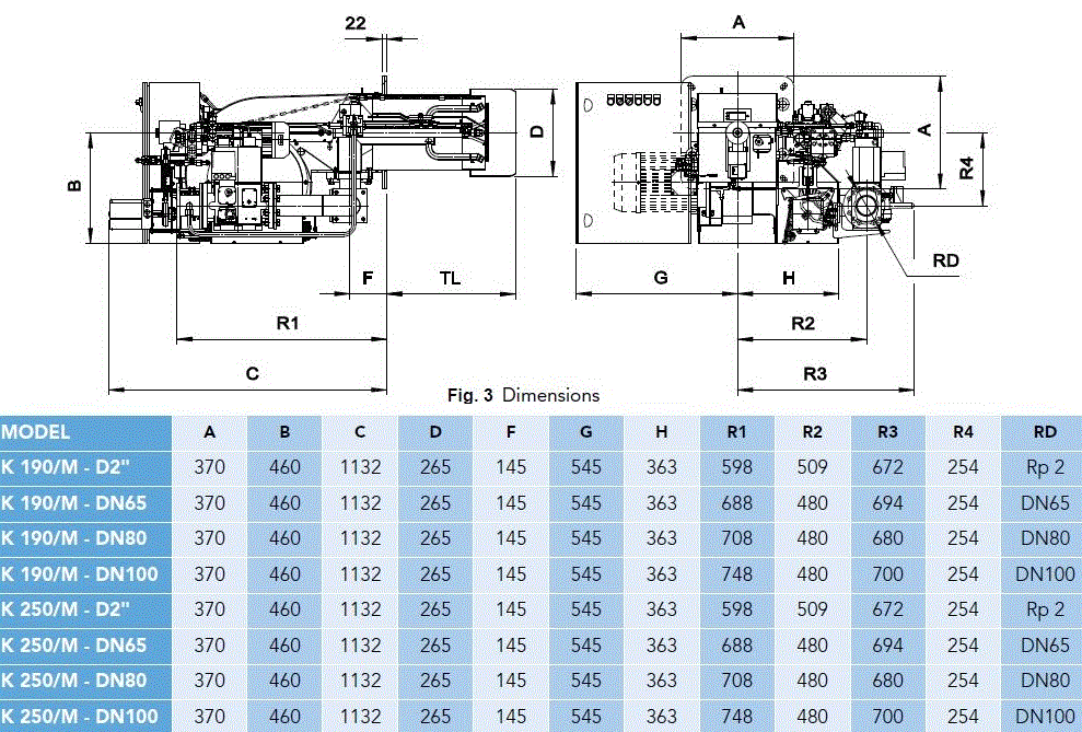 Arzator mixt pe gaz/motorina, modulant, 1160-2900 kW, 4", cap de ardere lung, F.B.R K 250/M TL EL + R CE-CT [1]