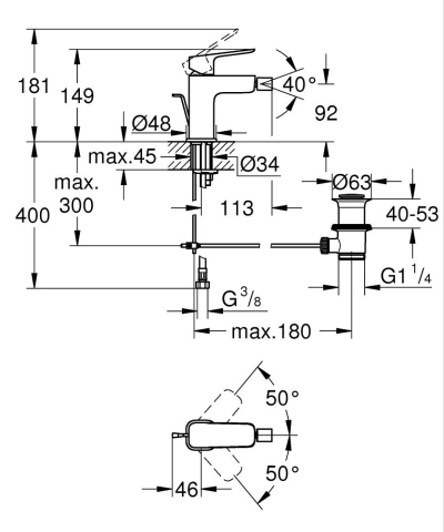 Baterie bideu Grohe Concetto marimea S, levier metalic, cartus ceramic, limitator temperatura, crom [4]