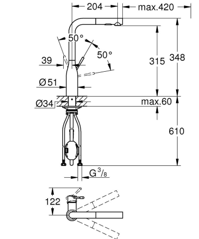 Baterie bucatarie Grohe Essence, pipa tip L 2 functii, 3/8, marime l, monocomanda, montare pe blat, pipa pivotanta, cartus ceramic, pipa inalta, tip L, dus extractabil, 2 functii, limitator de debit, negru [5]