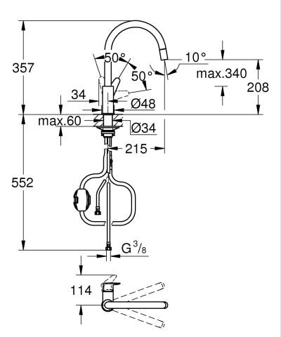 Baterie bucatarie Grohe BauCurve pipa tip C aerator, monocomanda, pipa inalta, pivotanta, dus extractabil, crom [1]