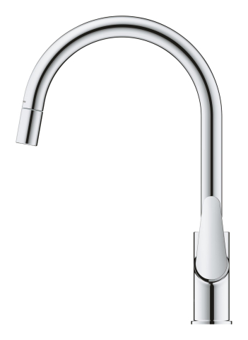 Baterie bucatarie Grohe BauCurve pipa tip C aerator, monocomanda, pipa inalta, pivotanta, dus extractabil, crom [2]