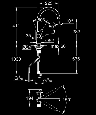 Baterie bucatarie Grohe Blue Pure Start Curve, monocomanda, 3 cai, pipa pentru filtre Grohe Blue, pivotanta, cartus ceramic, crom [1]
