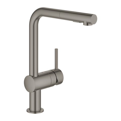Obiecte sanitare - Baterie bucatarie Grohe Minta, 3/8'', monocomanda, tip L, pipa inalta, dus extractabil, 2 functii, pivotanta, limitator, antracit mat