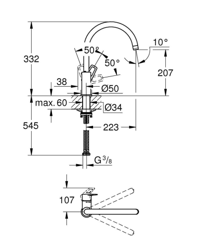 Baterie bucatarie Grohe BauLoop, 3/8'', monocomanda, pipa inalta, cartus ceramic, pivotanta, limitator, crom [3]