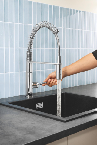 Baterie bucatarie Grohe Chrome Get 1/2", monocomanda, pipa inalta, dus extractabil, 2 functii, cartus ceramic, pivotanta, anti-calcar, crom [1]