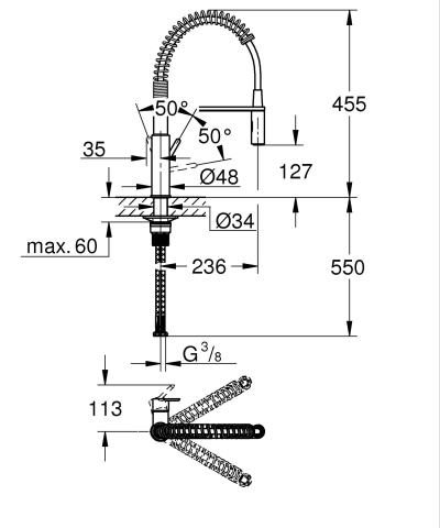 Baterie bucatarie Grohe Chrome Get 1/2", monocomanda, pipa inalta, dus extractabil, 2 functii, cartus ceramic, pivotanta, anti-calcar, crom [3]