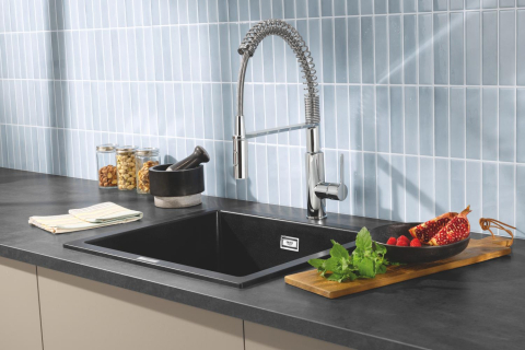 Baterie bucatarie Grohe Chrome Get 1/2", monocomanda, pipa inalta, dus extractabil, 2 functii, cartus ceramic, pivotanta, anti-calcar, crom [8]