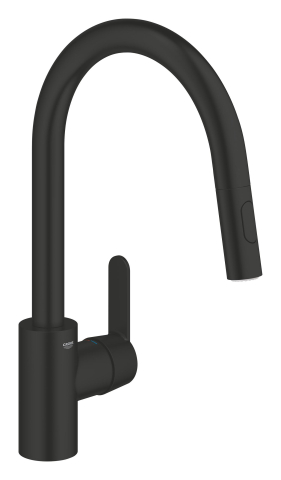 Obiecte sanitare - Baterie bucatarie Grohe Get, 3/8'', monocomanda, pipa inalta, tip C, dus extractabil, 2 functii, cartus ceramic, pivotanta, limitator, negru mat