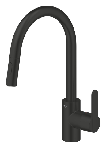 Baterie bucatarie Grohe Get, 3/8'', monocomanda, pipa inalta, tip C, dus extractabil, 2 functii, cartus ceramic, pivotanta, limitator, negru mat [7]