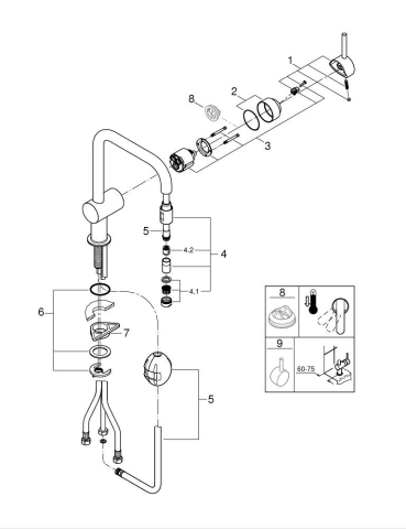 Baterie bucatarie Grohe Minta 3/8'' monocomanda, pipa inalta, tip U, dus extractabil, cartus ceramic, pivotanta, limitator, crom [1]