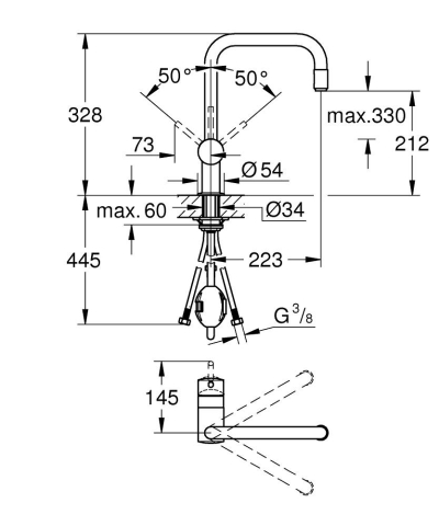 Baterie bucatarie Grohe Minta 3/8'' monocomanda, pipa inalta, tip U, dus extractabil, cartus ceramic, pivotanta, limitator, crom [2]