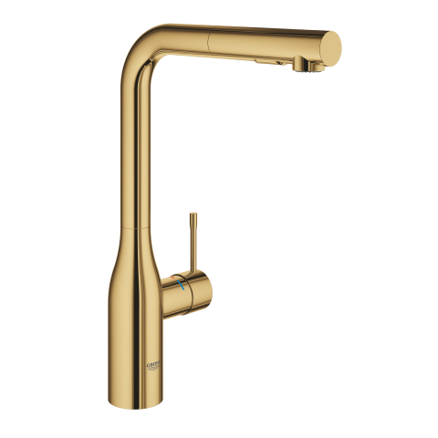 Obiecte sanitare - Baterie bucatarie Grohe Essence, 3/8'', monocomanda, pipa inalta dus extractabil, cartus ceramic, pivotanta, auriu lucios
