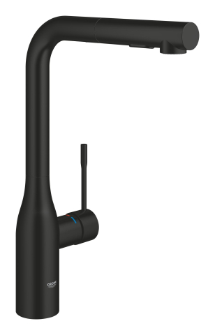 Obiecte sanitare - Baterie bucatarie Grohe Essence, marime l, monocomanda, montare pe blat, pipa pivotanta, cartus ceramic, pipa inalta, tip L, dus extractabil, 2 functii, limitator de debit, negru mat
