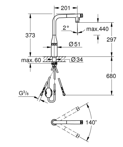 Baterie bucatarie Grohe Essence smctr pipa tip L 2 functii EU, pipa inalta, tip L, dus extractabil, 2 functii, pipa pivotanta, cartus ceramic, negru [4]