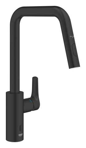 Baterii bucatarie - Baterie bucatarie Grohe Eurosmart, inalta, tip U, dus extractabil, 2 functii, cartus ceramic, pivotanta, levier metalic, senzor infrarosu, negru mat