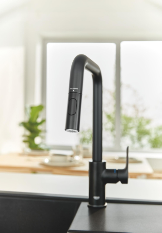 Baterie bucatarie Grohe Eurosmart pipa tip U 2 functii, monocomanda, dus extractabil, pipa pivotanta, pipa tip U, cartus ceramic, negru [1]