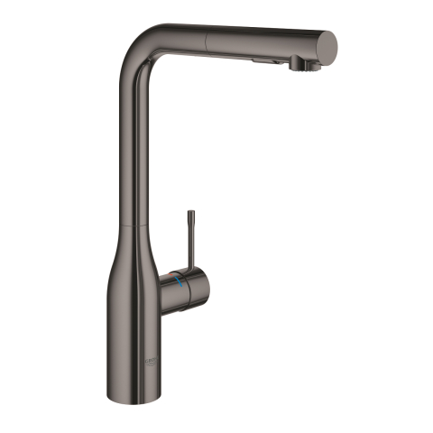 Obiecte sanitare - Baterie bucatarie Grohe Essence, 3/8'', monocomanda, pipa inalta, tip L, dus extractabil, 2 functii, pivotanta, limitator, antracit