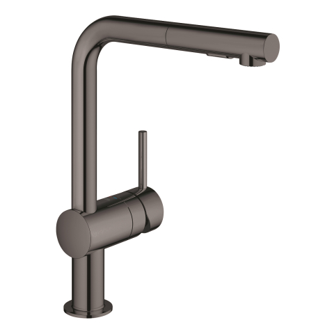 Obiecte sanitare - Baterie bucatarie Grohe Minta, 3/8'', monocomanda, pipa inalta, tip L, dus extractabil, 2 functii, pivotanta, limitator, antracit