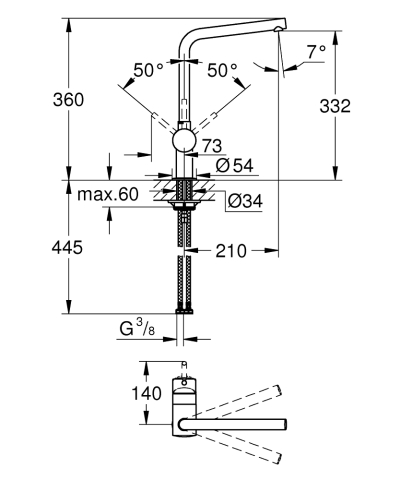 Baterie bucatarie Grohe Minta sink aparenta pipa tip L EU, pipa inalta, tip L, monocomanda, cartus ceramic, pivotanta, limitator, auriu mat [2]