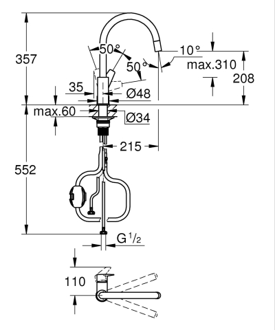 Baterie bucatarie Grohe StartEdge pipa monocomanda, cartus ceramic, pivotanta, dus extractabil, limitator de debit, crom [1]