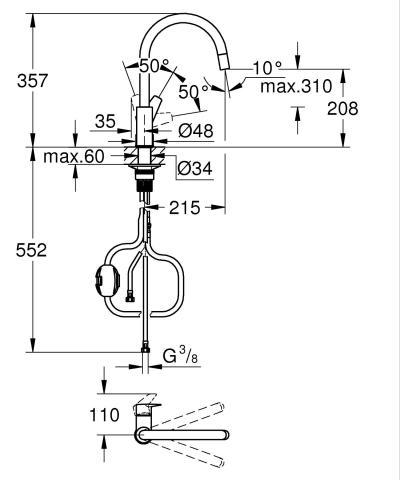 Baterie bucatarie Grohe StartEdge pipa tip C, monocomanda, pipa inalta, tip C, pivotanta, dus extractabil, cartus ceramic, limitator de temperatura, protectie anti-reflux, negru [3]