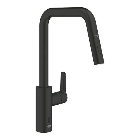 Baterii bucatarie - Baterie bucatarie Grohe Start, inalta, tip U, dus extractabil, 2 functii, cartus ceramic, pivotanta, levier metalic, senzor infrarosu, negru mat