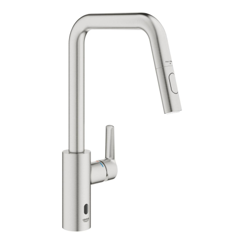 Baterii bucatarie - Baterie bucatarie Grohe Start, inalta, tip U, dus extractabil, 2 functii, cartus ceramic, pivotanta, levier metalic, senzor infrarosu, crom mat