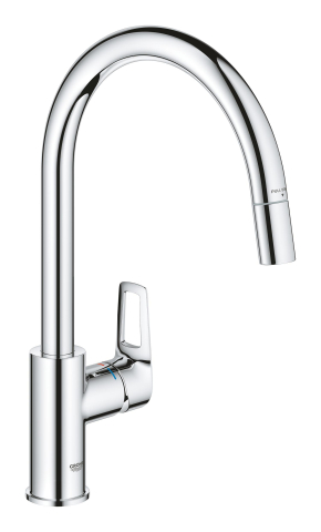Obiecte sanitare - Baterie bucatarie Grohe Start loop pipa monocomanda, cartus ceramic, pipa inalta, dus extractabil, pipa pivotanta, limitator de debit, protectie anti-reflux, crom