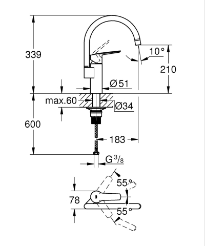 Baterie bucatarie Grohe Start pipa pipa inalta, pivotanta, monocomanda, crom [1]