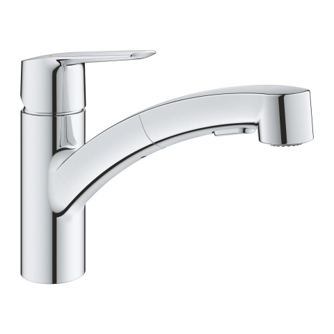 Baterii bucatarie - Baterie bucatarie Grohe Start pipa joasa, monocomanda, pipa tip L, pipa joasa, pivotanta, cartus ceramic, dus extractabil, crom