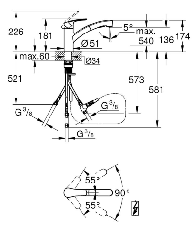 Baterie bucatarie Grohe Start pipa joasa, monocomanda, pipa tip L, pipa joasa, pivotanta, cartus ceramic, dus extractabil, crom [3]