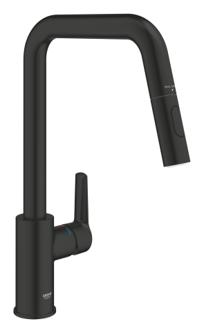 Obiecte sanitare - Baterie bucatarie Grohe Start, pipa tip U 2 functii, monocomanda, cartus ceramic, pipa inalta, pipa tip L, 2 functii, limitator temperatura, pivotanta, dus extractabil, negru