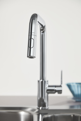 Baterie bucatarie Grohe Start, pipa tip U 2 functii, monocomanda, cartus ceramic, pipa inalta, pipa tip L, 2 functii, limitator temperatura, pivotanta, dus extractabil, crom [1]