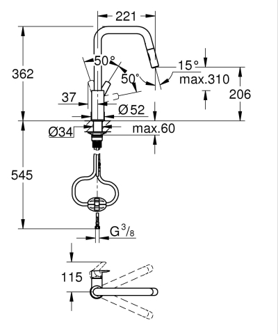 Baterie bucatarie Grohe Start, pipa tip U 2 functii, monocomanda, cartus ceramic, pipa inalta, pipa tip L, 2 functii, limitator temperatura, pivotanta, dus extractabil, crom [3]