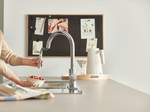 Baterie bucatarie Grohe Via Cosmo pipa tip C 2 functii, monocomanda, pipa inalta, cartus ceramic, dus extractabil, pivotanta, limitator de debit, crom [3]