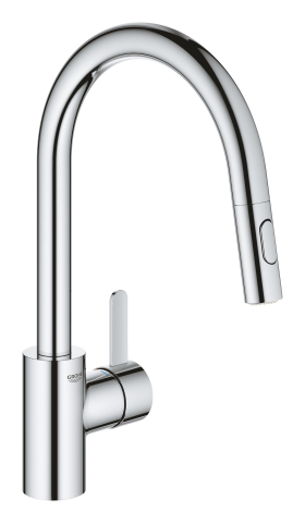 Obiecte sanitare - Baterie bucatarie Grohe Via Cosmo pipa tip C 2 functii, monocomanda, pipa inalta, cartus ceramic, dus extractabil, pivotanta, limitator de debit, crom