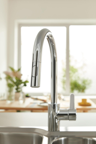 Baterie bucatarie Grohe Via Cosmo pipa tip C 2 functii, monocomanda, pipa inalta, cartus ceramic, dus extractabil, pivotanta, limitator de debit, crom [1]