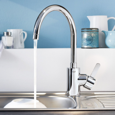 Baterii monocomanda - Baterie bucatarie cartus ceramic pipa inalta pivotanta limitator debit Crom Grohe Eurosmart Cosmopolitan